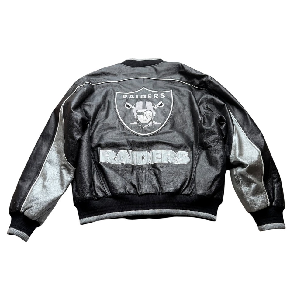 G-III CARL BANKS Sports Raiders Leather Varsity Jacket Black Silver Men's Large